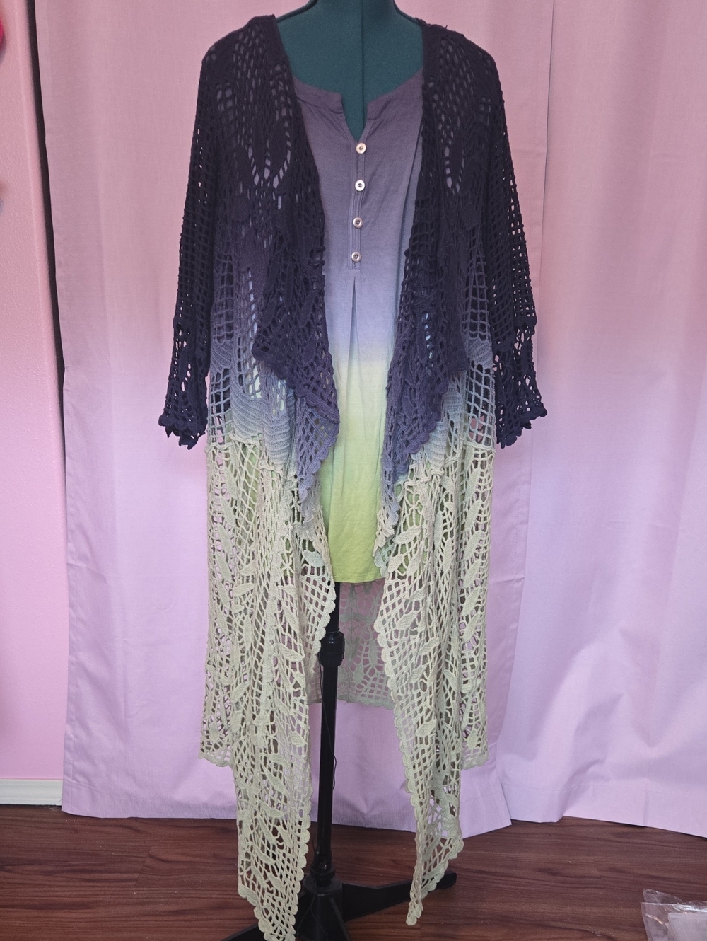 SET Kate & Mallory Ombre Crochet Duster in Blue and Green w/Matching Tunic